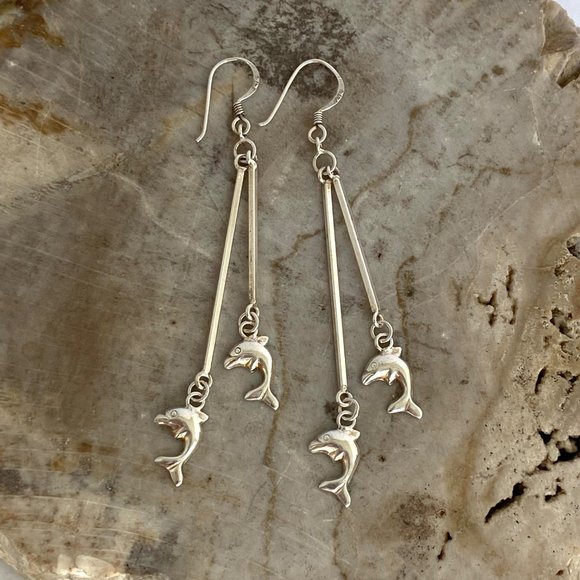 Sterling Silver 925 2.5" Long Bar Dainty Jumping Dolphin Dangle Earrings - Picture 3 of 16
